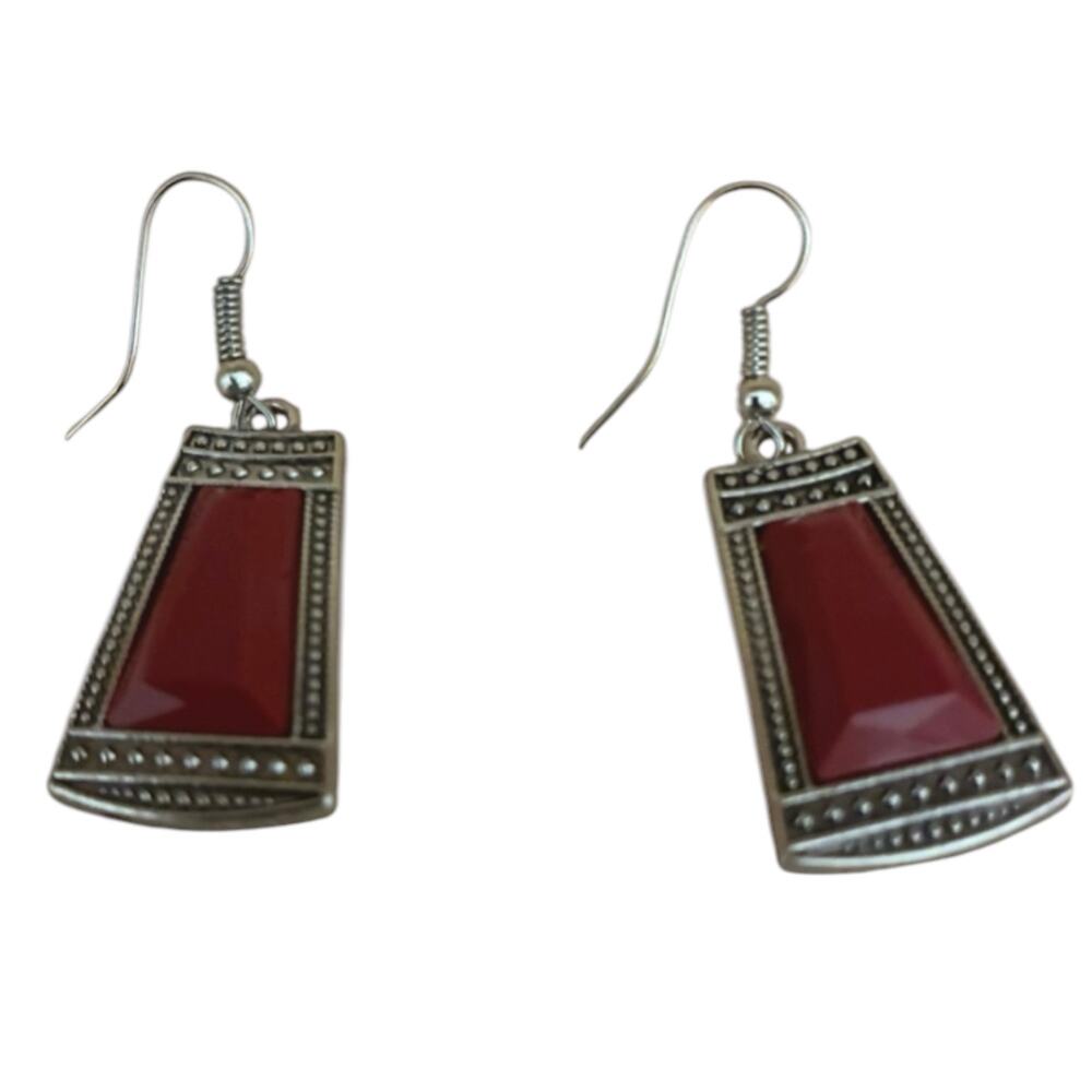 Silver Tone Red Faceted Stone Trapezoid Dangle Earrings Boho Tribal Style